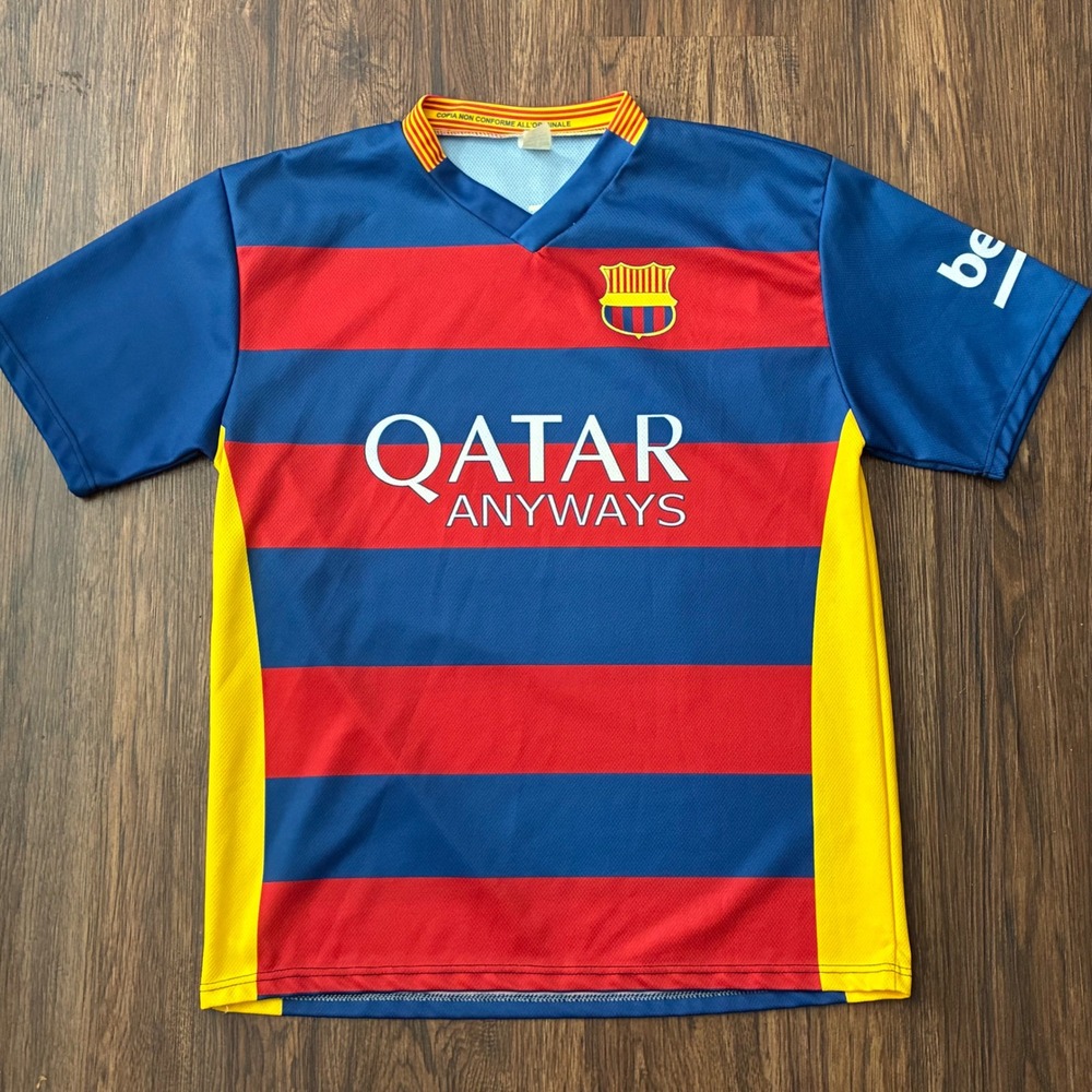 Messi 10 FC Barcelona Soccer Jersey Mens M Blue Red Qatar Anyways made in Italy